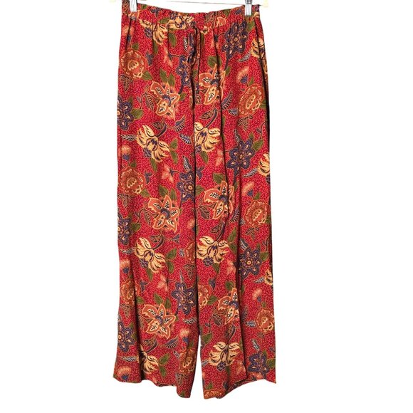Vintage Women's 12 Silk Floral Patterned Wide-Leg Pull On Pants Boho Bohemian - Picture 1 of 9